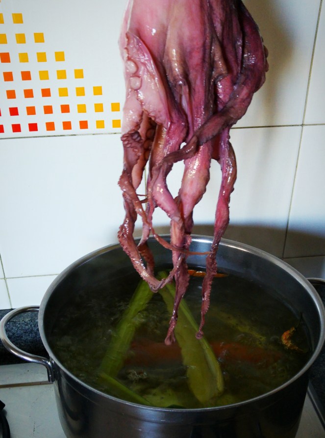 Arricciatura dei tentacoli del polpo immergendolo in acqua bollente