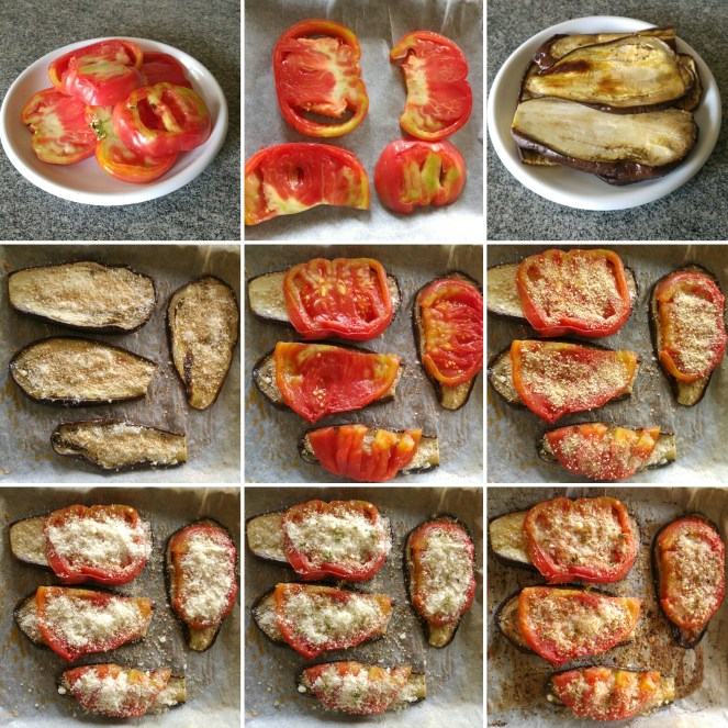 Dall'alto, in senso orario, ecco le fasi di preparazione dei nostri sformatini senza glutine e gratinati al forno composti da fette di pomodoro cuore di bue e melanzana.