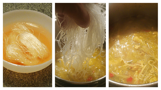 La cottura dei vermicelli di soia nella zuppa di pollo, funghi e bambù dura solo due minuti dopo averli lasciati in ammollo in acqua per circa dieci minuti.