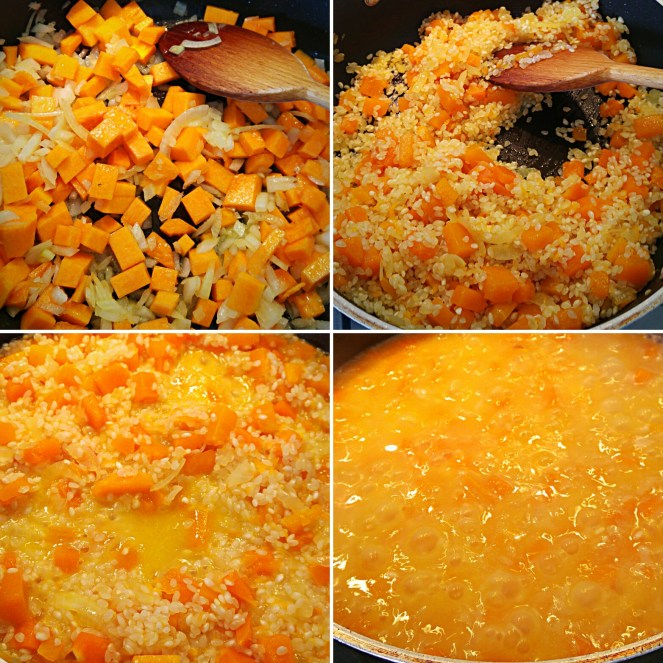 Nelle quattro immagini sono riassunte i vari momenti della preparazione del risotto.