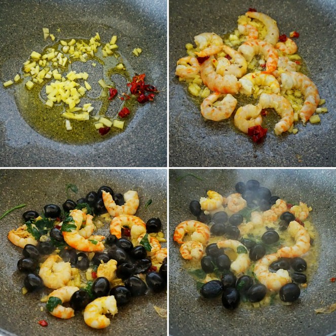 Le fasi di preparazione delle mazzancolle che vengono cotte con le olive nere ed una base d'aglio, zenzero, peperoncino piccante e prezzemolo fresco.