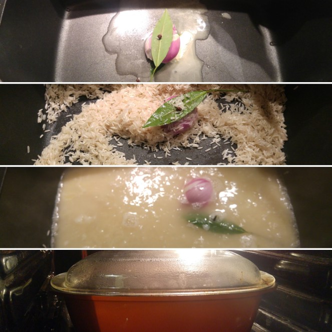 Dall'alto a scendere sono ritratte le 4 fasi principali della ricetta del riso basmati alla pilaf. Un saporito e profumato accompagnamento senza glutine per piatti esotici a base di carne, di pesce o di verdure stufate.