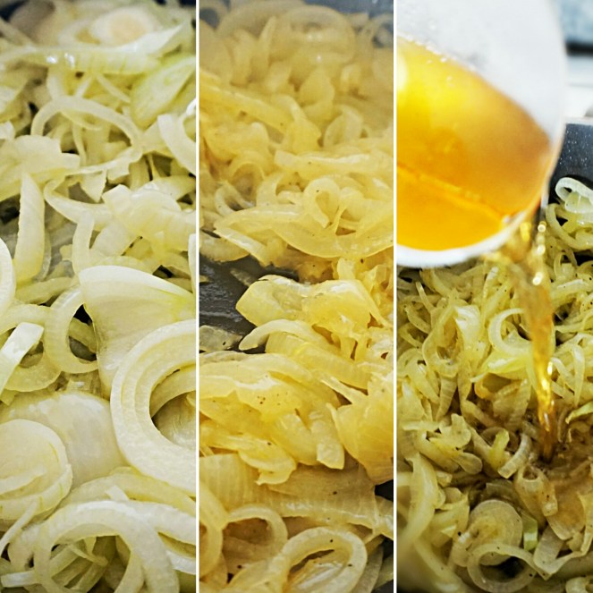 Da sinistra a destra, ecco illustrate le tre fasi delprocedimento di preparazione del saor, tipica marinatura a base di cipolla e fondamentale per questa ricetta.